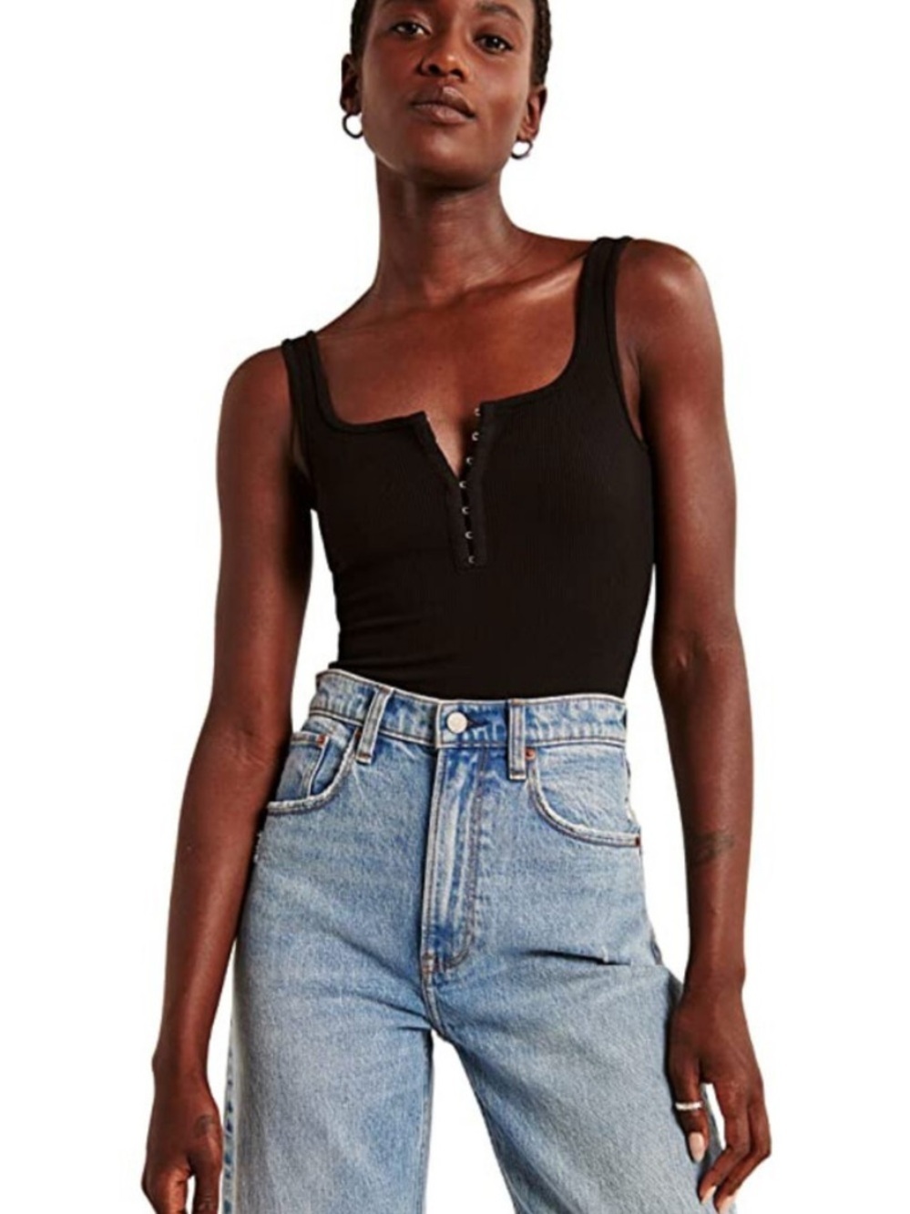 NWT Abercrombie & Fitch Black Ribbed Hook & Eye Henley Tank Bodysuit Size Medium
